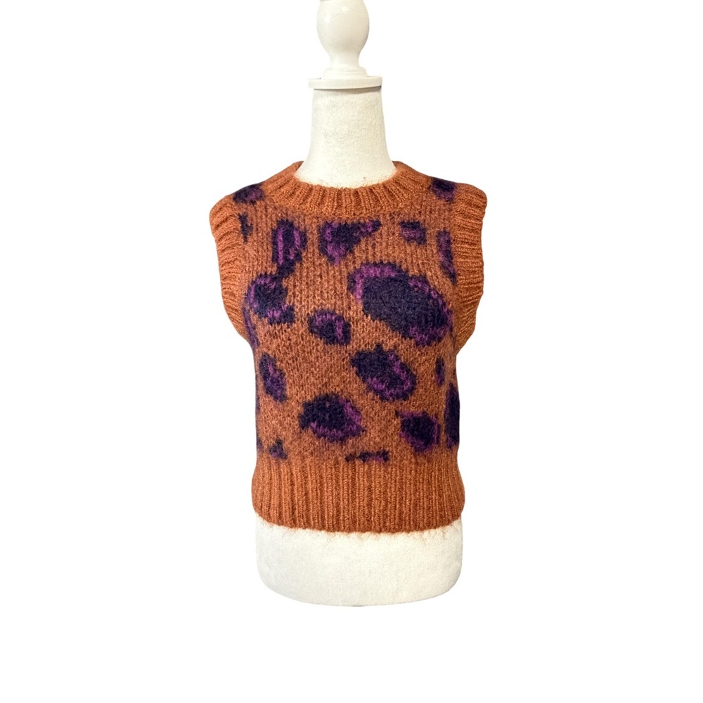 COS Sweater Vest Womens XS Orange Mohair Wool Leopard Animal Print Chunky Knit